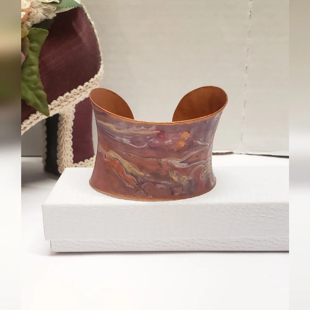 Hand Painted Acrylic Pour Pink Purple & Copper Metallic Swirl Cuff Bracelet